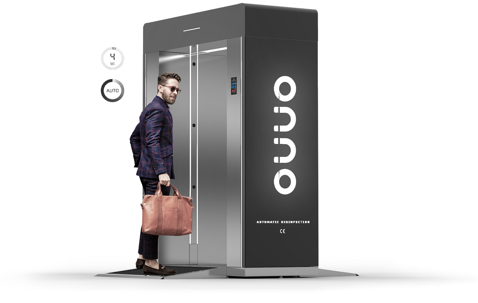 ONNO Smart Technology / Izgled dezinfekciong tunela, ONNO GATE, pogled sa strane. LED osvetljenej, logo kompanije ONNO Smart Technology. Materijal tunela Inox.