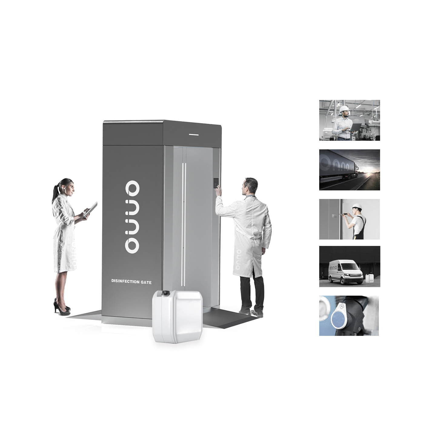 ONNO disinfection gates use Sanosil S003 as a disinfectant, manufactured by Sanosil, Switzerland.
